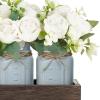 imageMkono Mason Jar Table Centerpiece Decorative Wood Tray with 3 Painted Jars Artificial Flowers Rustic Country Farmhouse Decoration for Coffee Table Dining Room Living Room Kitchen PeonyPeony