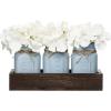 imageMkono Mason Jar Table Centerpiece Decorative Wood Tray with 3 Painted Jars Artificial Flowers Rustic Country Farmhouse Decoration for Coffee Table Dining Room Living Room Kitchen PeonyHydrangea