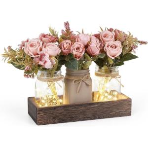 imageMkono Mason Jar Lights Centerpiece Table Decorations for Dining Room Farmhouse Coffee Table Decor Wood Tray with 3 Jars Flowers for Kitchen Living Dining Room Light GreenPink