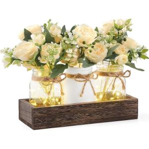 imageMkono Mason Jar Lights Centerpiece Table Decorations for Dining Room Farmhouse Coffee Table Decor Wood Tray with 3 Jars Flowers for Kitchen Living Dining Room Light GreenWhite