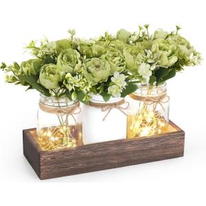 imageMkono Mason Jar Lights Centerpiece Table Decorations for Dining Room Farmhouse Coffee Table Decor Wood Tray with 3 Jars Flowers for Kitchen Living Dining Room Light GreenLight Green