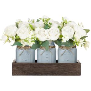 imageMkono Mason Jar Table Centerpiece Decorative Wood Tray with 3 Painted Jars Artificial Flowers Rustic Country Farmhouse Decoration for Coffee Table Dining Room Living Room Kitchen PeonyPeony