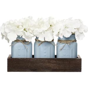 imageMkono Mason Jar Table Centerpiece Decorative Wood Tray with 3 Painted Jars Artificial Flowers Rustic Country Farmhouse Decoration for Coffee Table Dining Room Living Room Kitchen PeonyHydrangea