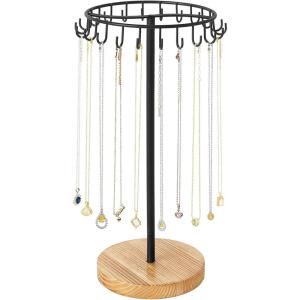 imageMkono Necklace Holder Metal Jewelry Display Stand Necklace Organizer with 22 Hooks for Storage and Hanging Bracelet Keychain Home Room Deocr for WomenWoodWood