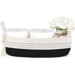 imageMkono Small Storage Basket for Toilet Tank Top Boho Bathroom Decor Woven Rope Toilet Paper Tray Organizer for Shelf Bedroom Living Room Brown and White 1 Pack 157quot L x 6quot WBlack and White