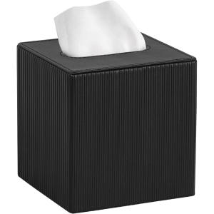 imageMkono Tissue Box Cover PU Leather Square Tissue Box Holder with Bottom Decorative Facial Cube Organizer for Bedroom Bathroom Dresser Vanity Countertop Night Stands Home Office Desk Black