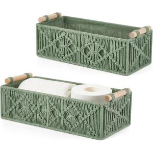imageMkono Macrame Storage Baskets Boho Decor Box Handmade Woven Decorative Countertop Toilet Tank Shelf Cabinet Organizer for Bedroom Livingroom Home Set of 2 GreenGreen