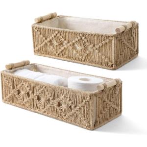 imageMkono Macrame Storage Baskets Boho Decor Box Handmade Woven Decorative Countertop Toilet Tank Shelf Cabinet Organizer for Bedroom Livingroom Home Set of 2 GreenBrown