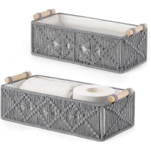 imageMkono Macrame Storage Baskets Boho Decor Box Handmade Woven Decorative Countertop Toilet Tank Shelf Cabinet Organizer for Bedroom Livingroom Home Set of 2 GreenGrey