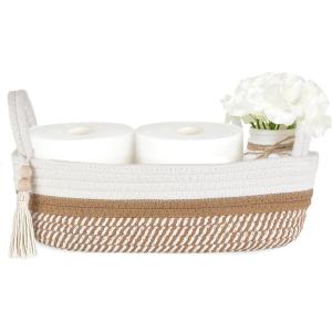 imageMkono Small Storage Basket for Toilet Tank Top Boho Bathroom Decor Woven Rope Toilet Paper Tray Organizer for Shelf Bedroom Living Room White and Brown 13quot L x 6quot WWhite and Brown