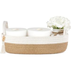 imageMkono Small Storage Basket for Toilet Tank Top Boho Bathroom Decor Woven Rope Toilet Paper Tray Organizer for Shelf Bedroom Living Room White and Brown 13quot L x 6quot WBrown and White