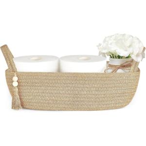 imageMkono Small Storage Basket for Toilet Tank Top Boho Bathroom Decor Woven Rope Toilet Paper Tray Organizer for Shelf Bedroom Living Room White and Brown 13quot L x 6quot WBrown