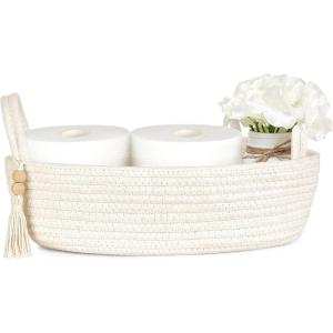 imageMkono Small Storage Basket for Toilet Tank Top Boho Bathroom Decor Woven Rope Toilet Paper Tray Organizer for Shelf Bedroom Living Room White and Brown 13quot L x 6quot WWhite
