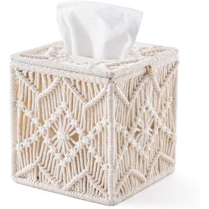 imageMkono Tissue Box Cover Boho Decor Square Tissues Holder with Bead Buckle Woven Macrame Napkin Facial Paper Organizer Home Desk Vanity Countertop Decor for Bathroom Bedroom Living Room Office IvoryIvory