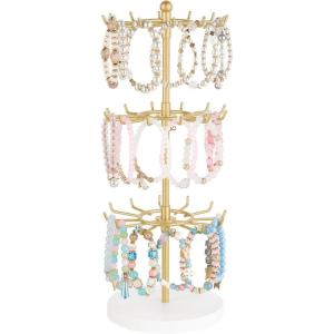 imageMkono Bracelet Holder Gold Metal Rotating Bracelet Display Stand 3 Tier Jewelry Tower rack with 36 Hooks and Wood Base Modern Adjustable Storage Organizer Tree for Selling KeyChain Bangle Accessories