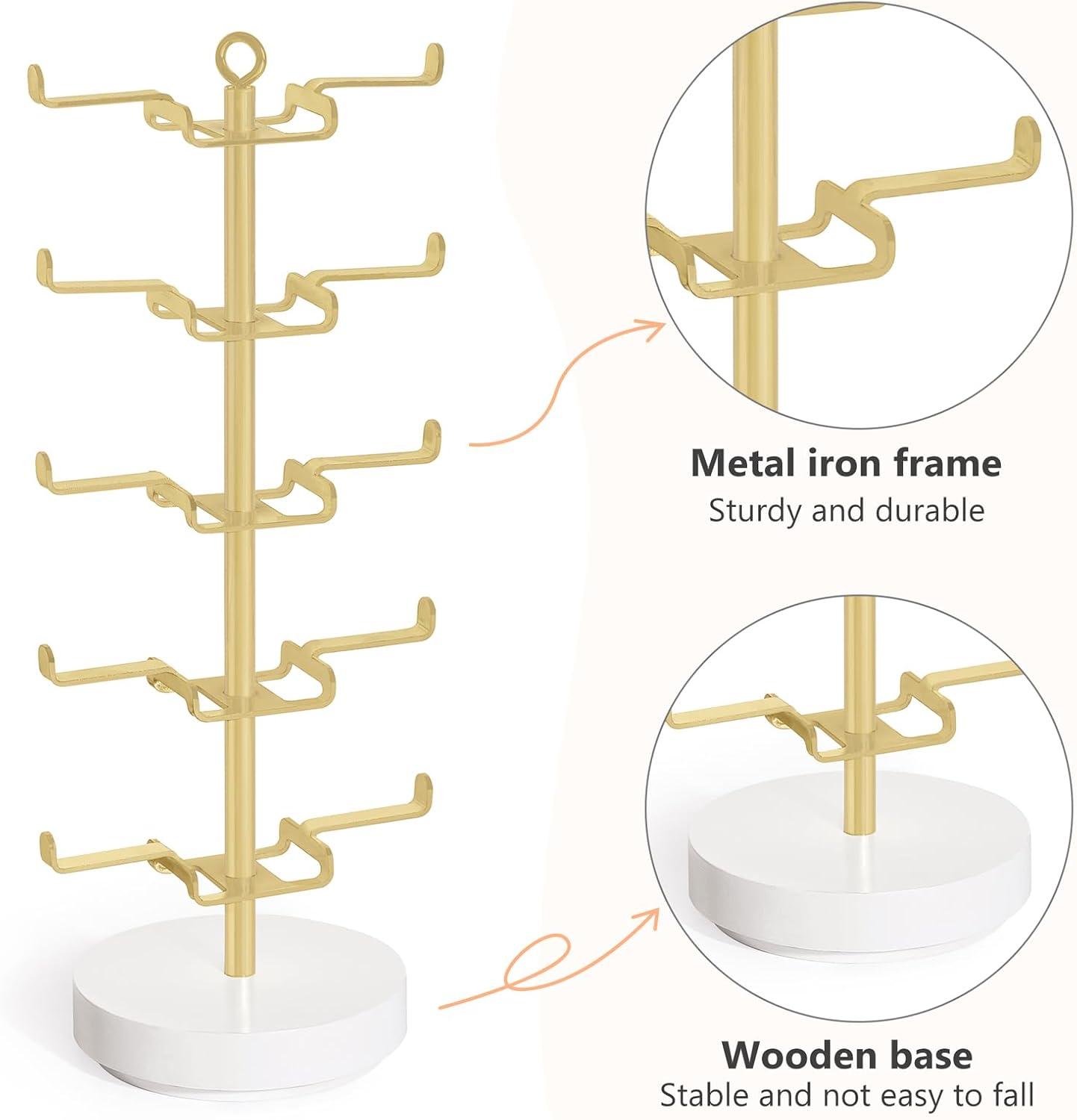 imageMkono 360 Rotating Sunglasses Organizer Metal Eyeglass Holder Stand Sunglass Storage Display Eyeglasses Rack for up to 10 Pairs of Eyewear Glasses for Table Dresser Desk Countertop Bedroom GoldGold