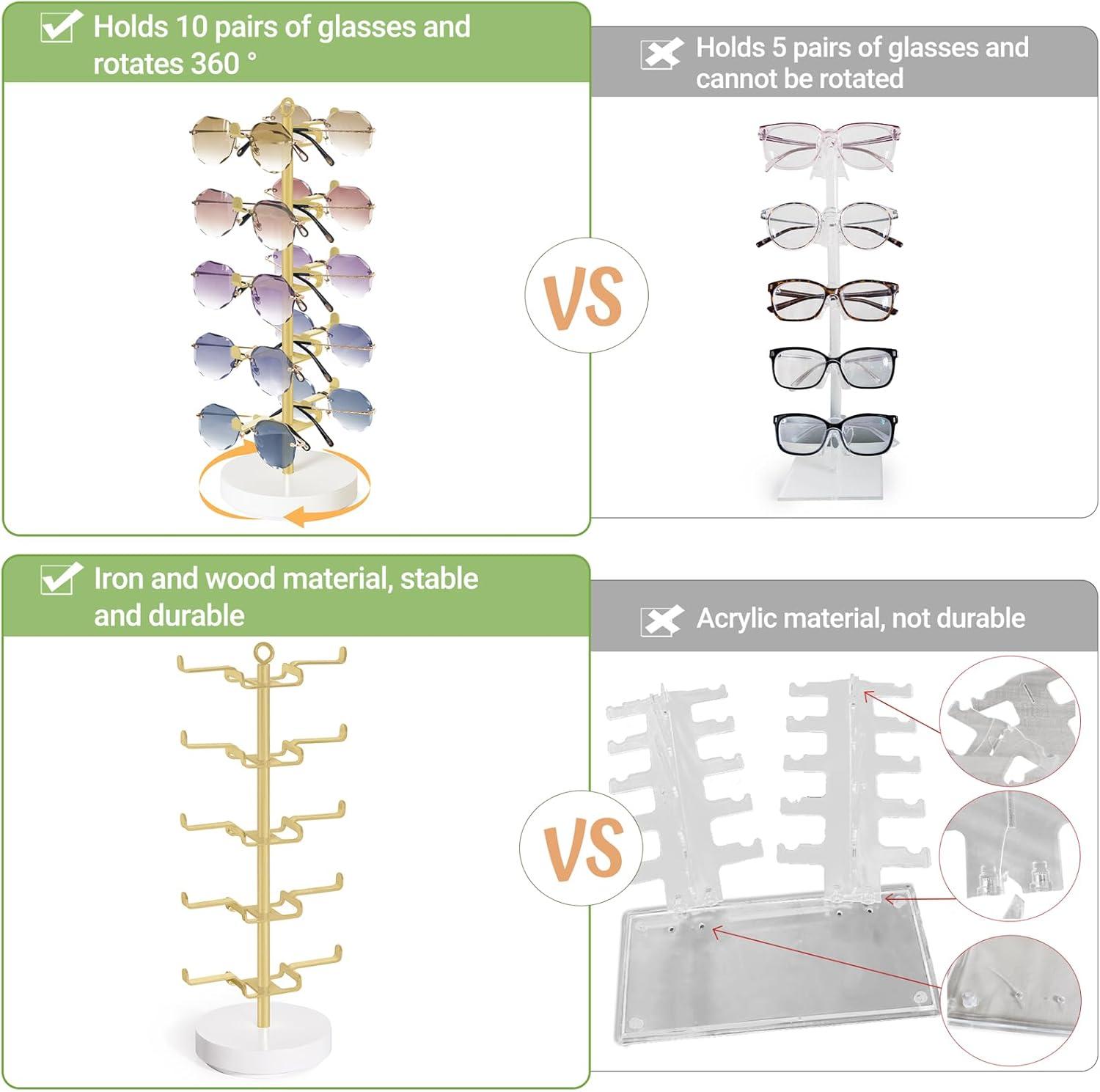 imageMkono 360 Rotating Sunglasses Organizer Metal Eyeglass Holder Stand Sunglass Storage Display Eyeglasses Rack for up to 10 Pairs of Eyewear Glasses for Table Dresser Desk Countertop Bedroom GoldGold