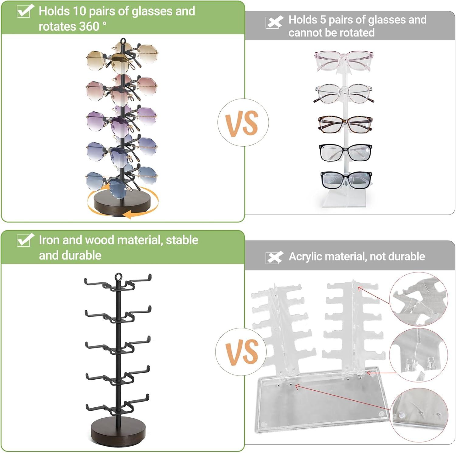 imageMkono 360 Rotating Sunglasses Organizer Metal Eyeglass Holder Stand Sunglass Storage Display Eyeglasses Rack for up to 10 Pairs of Eyewear Glasses for Table Dresser Desk Countertop Bedroom GoldBlack