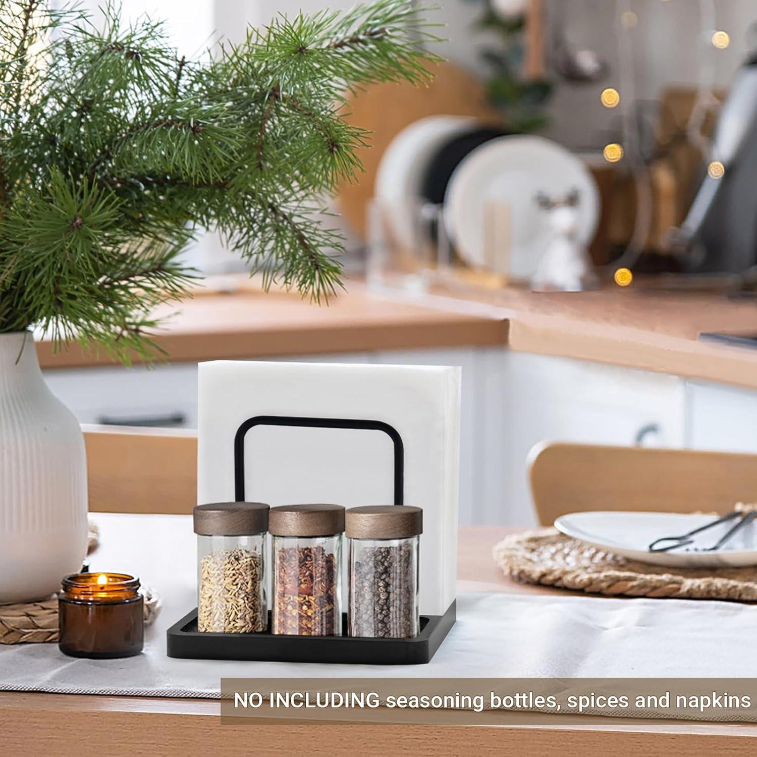 imageMkono Napkin Holder for Table Farmhouse Black Wooden Napkin Dispenser Rustic Paper Napkin Storage for Kitchen Dining Room Coffee Bar Salt and Pepper Shakers not Included WhiteBlack