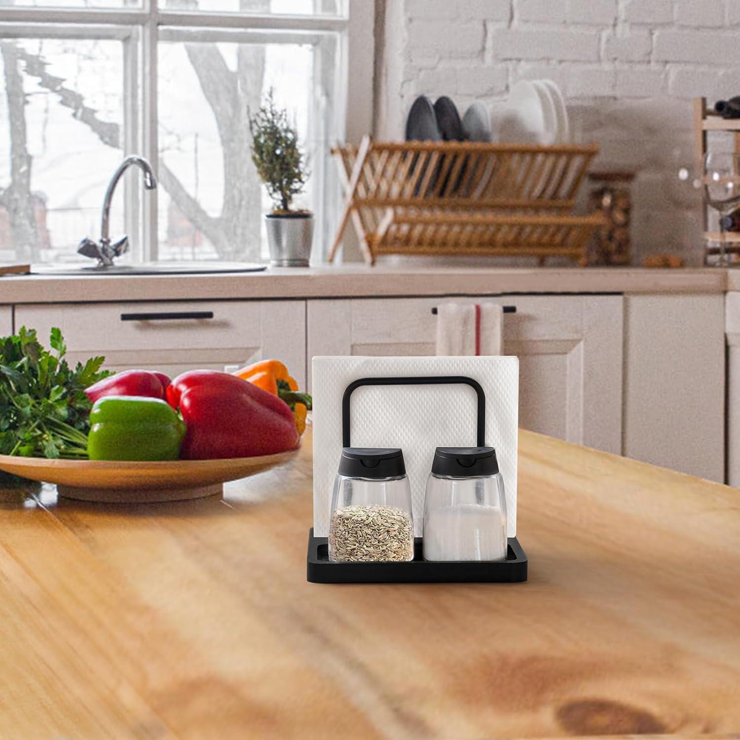 imageMkono Napkin Holder for Table Farmhouse Black Wooden Napkin Dispenser Rustic Paper Napkin Storage for Kitchen Dining Room Coffee Bar Salt and Pepper Shakers not Included WhiteBlack