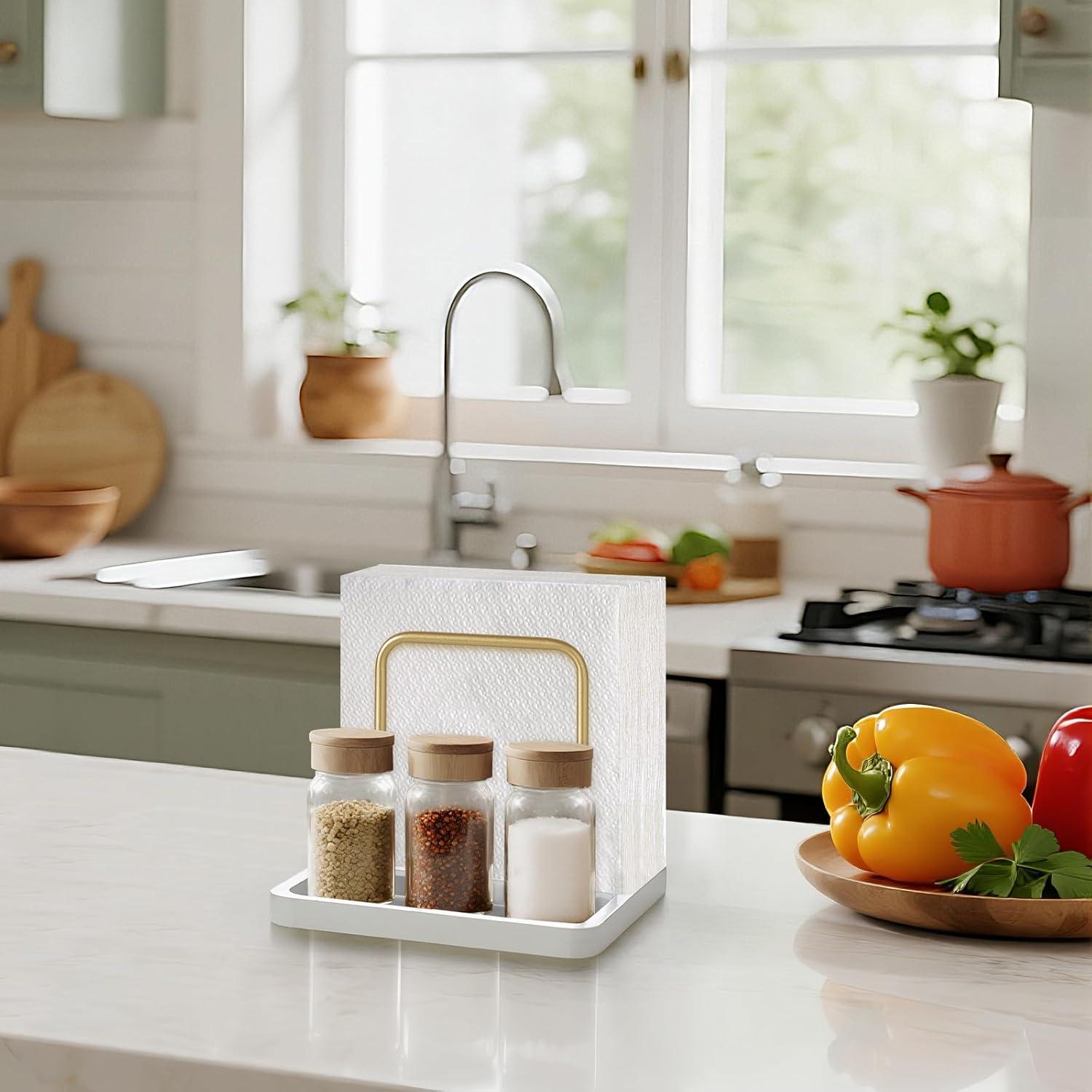 imageMkono Napkin Holder for Table Farmhouse Black Wooden Napkin Dispenser Rustic Paper Napkin Storage for Kitchen Dining Room Coffee Bar Salt and Pepper Shakers not Included WhiteWhite