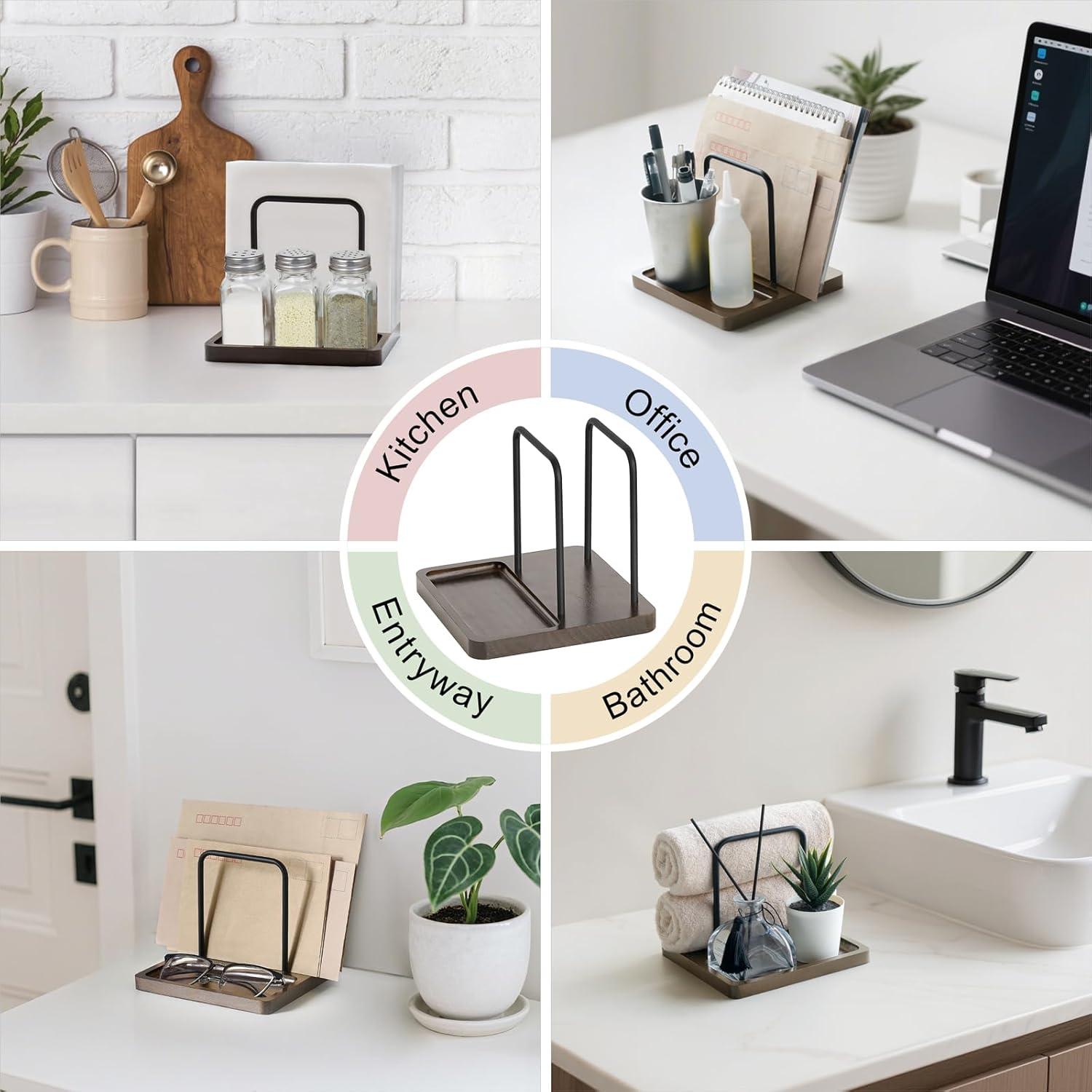 imageMkono Napkin Holder for Table Farmhouse Black Wooden Napkin Dispenser Rustic Paper Napkin Storage for Kitchen Dining Room Coffee Bar Salt and Pepper Shakers not Included WhiteBrown