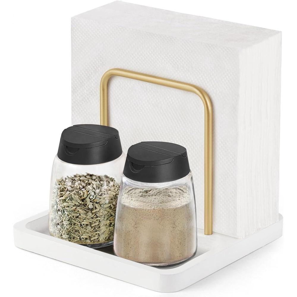 imageMkono Napkin Holder for Table Farmhouse Black Wooden Napkin Dispenser Rustic Paper Napkin Storage for Kitchen Dining Room Coffee Bar Salt and Pepper Shakers not Included WhiteWhite