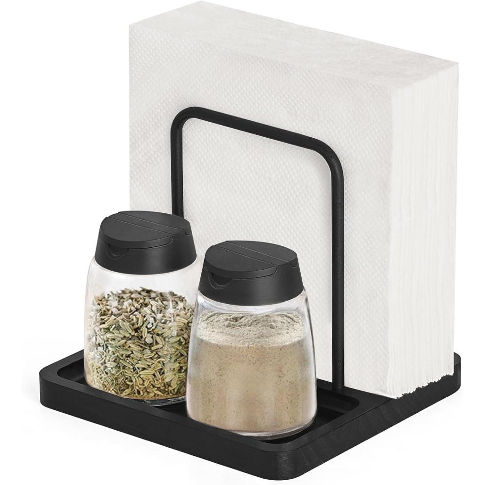 imageMkono Napkin Holder for Table Farmhouse Black Wooden Napkin Dispenser Rustic Paper Napkin Storage for Kitchen Dining Room Coffee Bar Salt and Pepper Shakers not Included WhiteBlack