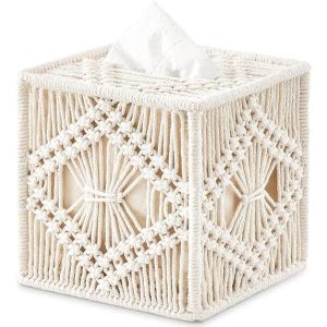 imageMkono Tissue Box Cover Macrame Square OpenBottom Tissue Box Holder Boho Decor Tissue Organizer Bohemian Handmade Woven Tissue Cube Box for Bathroom Bedroom Dresser Living Room Office Dorm GreenIvory