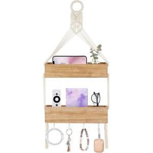 imageMkono Macrame Hanging Shelf for Bedside Shelf Organizer with Hooks Boho Wall Decor Cute Wood Floating Shelves for Girls Bedroom Dorm Nursery Wall Storage for Phone Remote Earphone Accessories