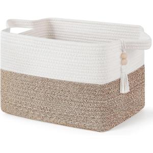 imageMkono Woven Storage Basket Cube Cotton Rope Basket for Shelves Clothes Toys Towels Books Rectangle Bin with Handles for Organizing Decorative Gift 13 x 10 x 9 Brown and White 1 PackBrown and White