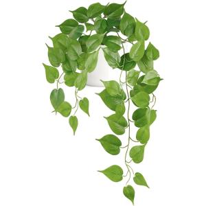 imageMkono Fake Hanging Plants with Ceramic Pot 25quot Realistic Artificial Plants for Home Decor Indoor Faux Green Leaf Plant with Modern White Planter for Desk Shelf Bathroom Decoration Pothos