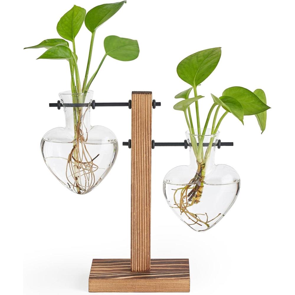 imageMkono Heart Shaped Propagation Station with Wood Stand Glass Hydroponic Planter Desktop Plant Terrarium for Home Office Decor Gifts for Plant Lovers  2 Love Bulb Pot Vase2 Heart Bulb Vase