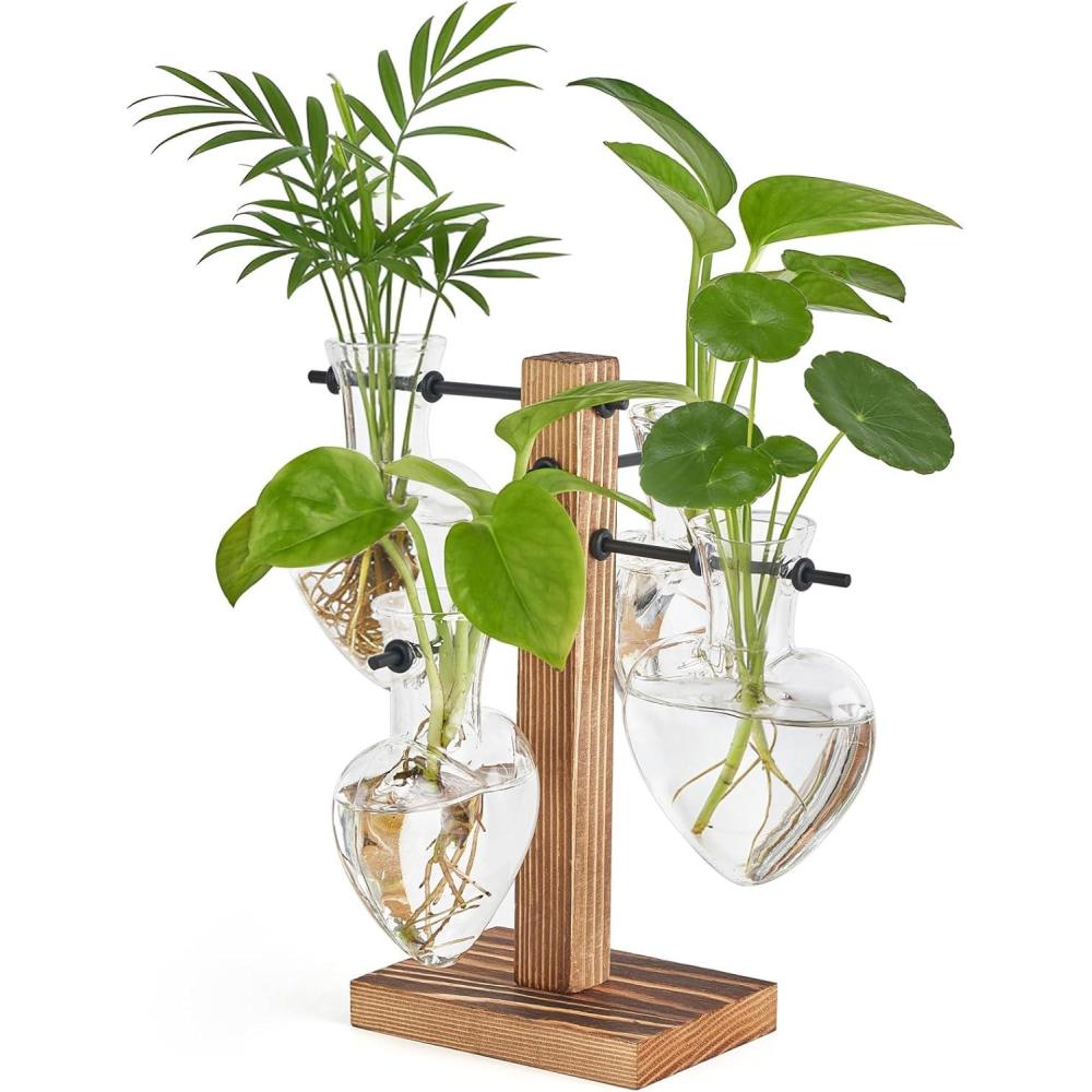 imageMkono Heart Shaped Propagation Station with Wood Stand Glass Hydroponic Planter Desktop Plant Terrarium for Home Office Decor Gifts for Plant Lovers  2 Love Bulb Pot Vase4 Heart Bulb Vase