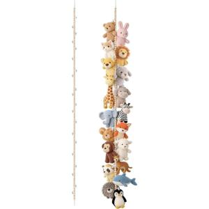 imageMkono 2 Pack Hanging Stuffed Animal Storage Hanger Nursery Wall Decor Boho Wood Beads Plushies Holder Display with 40 Clips Hanging Baby Hat Socks Photo Artwork for Kids Room Playroom Bedroom 76