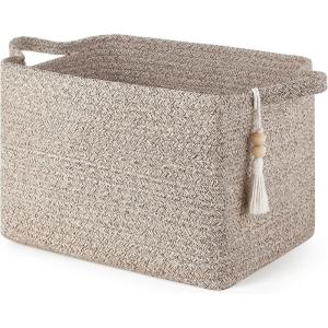 image:imageMkono Woven Storage Basket Cube Cotton Rope Basket for Shelves Clothes Toys Towels Books Rectangle Bin with Handles for Organizing Decorative Gift 13 x 10 x 9 Brown 1 PackBrown