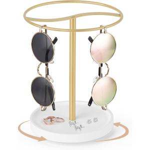 image:imageMkono 360 Rotating Sunglasses Organizer Eyeglasses Holder Stand Metal Frame with Wood Base Tray Storage Display Rack for up to 12 Pairs of Eyewear for Table Dresser Desk Bedroom