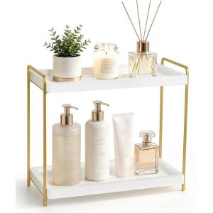 image:imageMkono Bathroom Counter Organizer 2 Tier Storage Shelf Wood Tray Metal Rack for Kitchen Coffee Station Vanity Home Office Countertop Sink Bathroom Decor for Cosmetic Skincare Perfume Gold and White