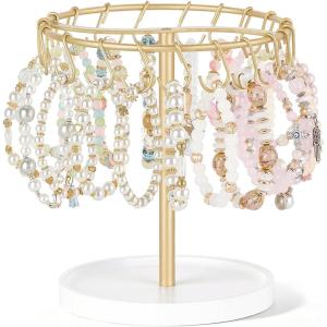 image:imageMkono Bracelet Holder Gold Bracelet Display Stand with Tray Metal Jewelry Organizer with 40 hooks Modern Storage Rack for KeyChain Accessories Selling Bedroom Decor Dressing Table