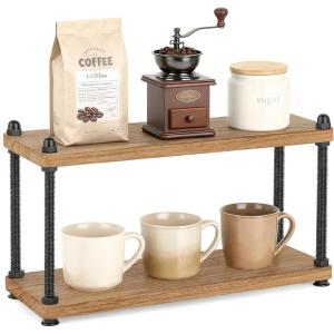 image:imageMkono Coffee Station Organizer Wooden Mug Holder for Countertop Cup and Mug Shelf for Coffee Bar Accessories Rustic Matcha Stand 2 Tier Storage and Display Rack for Tea Cups Kitchen OfficeWood
