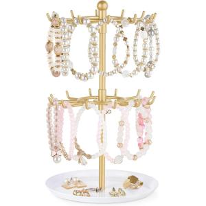 image:imageMkono Bracelet Holder Gold Metal Rotating Bracelet Display Stand 2 Tier Jewelry Organizer with 24 Hooks and Wood Tray Adjustable Tree Stand Tower Rack for Storage Selling KeyChain Bangle Accessories