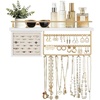 image:imageMkono Hanging Jewelry Organizer Wall Mounted Jewelry Organizer Necklace Holder with Rustic Wood Shelf Ring Display Box Ear Studs Earring Holder Bracelet Organizer GoldGold