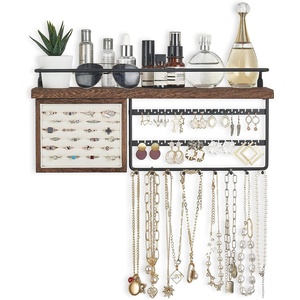image:imageMkono Hanging Jewelry Organizer Wall Mounted Jewelry Organizer Necklace Holder with Rustic Wood Shelf Ring Display Box Ear Studs Earring Holder Bracelet Organizer GoldBrown