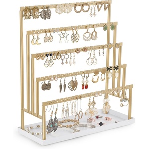 image:imageMkono 5Tier Earring Holder Organizer Metal Jewelry Display Stand with Tray Storage Rack for Hanging 112 Pairs of Stud Earrings Rings Home Room Dressing Table Deocr Gift for WomenGold