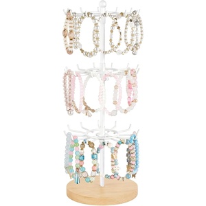 image:imageMkono Bracelet Holder Gold Metal Rotating Bracelet Display Stand 3 Tier Jewelry Tower rack with 36 Hooks and Wood Base Modern Adjustable Storage Organizer Tree for Selling Bangle Accessories WoodWood