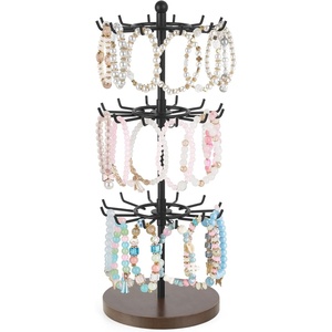image:imageMkono Bracelet Holder Gold Metal Rotating Bracelet Display Stand 3 Tier Jewelry Tower rack with 36 Hooks and Wood Base Modern Adjustable Storage Organizer Tree for Selling Bangle Accessories WoodBrown