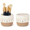image:imageMkono Macrame Makeup Brush Holder Organizer Comb Brushes Mini Storage Basket Set of 2 Boho Decor Baskets for Pen Pencil Box Container Small IvoryYellow and White