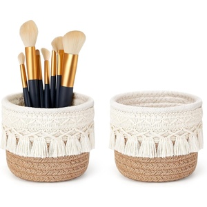 image:imageMkono Macrame Makeup Brush Holder Organizer Comb Brushes Mini Storage Basket Set of 2 Boho Decor Baskets for Pen Pencil Box Container Small IvoryYellow and White