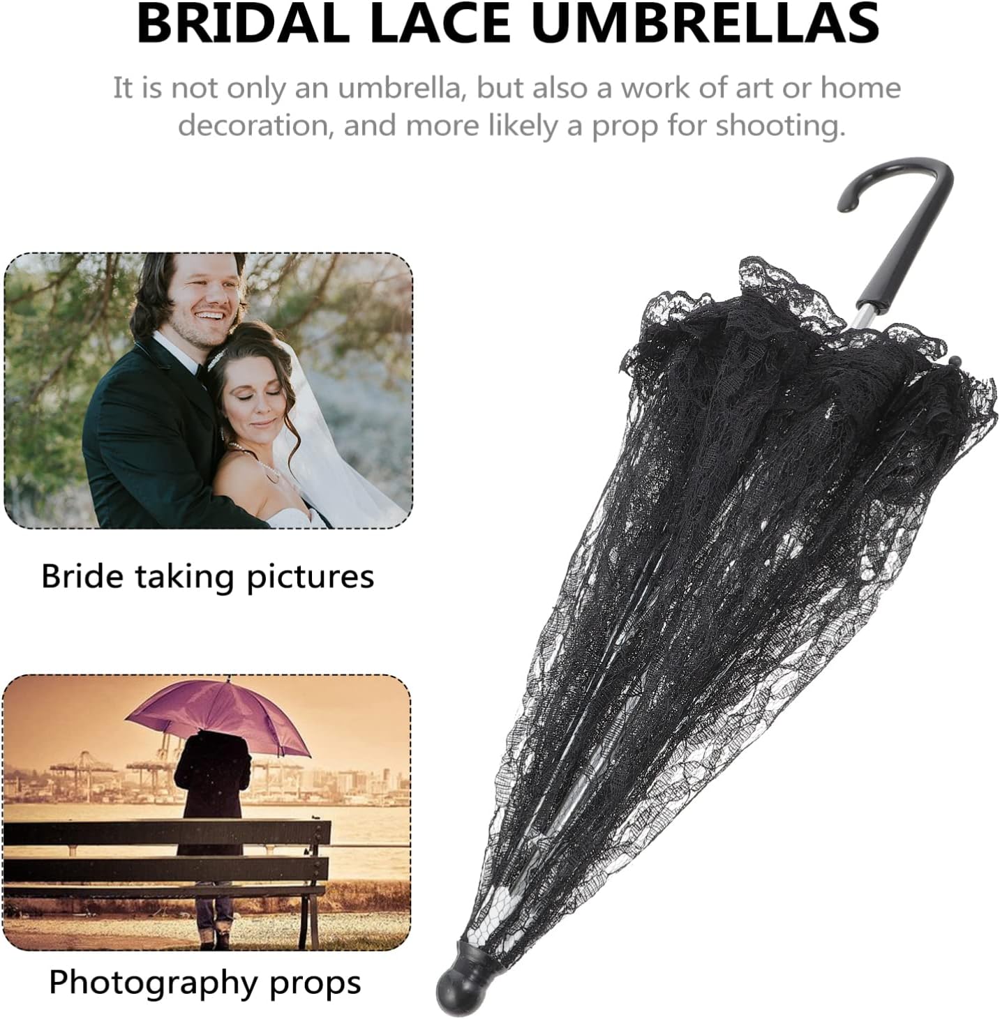 Toyvian Lace Parasol Umbrella Vintage Wedding Bridal Umbrella for Photo Props Wedding DecorationBlack