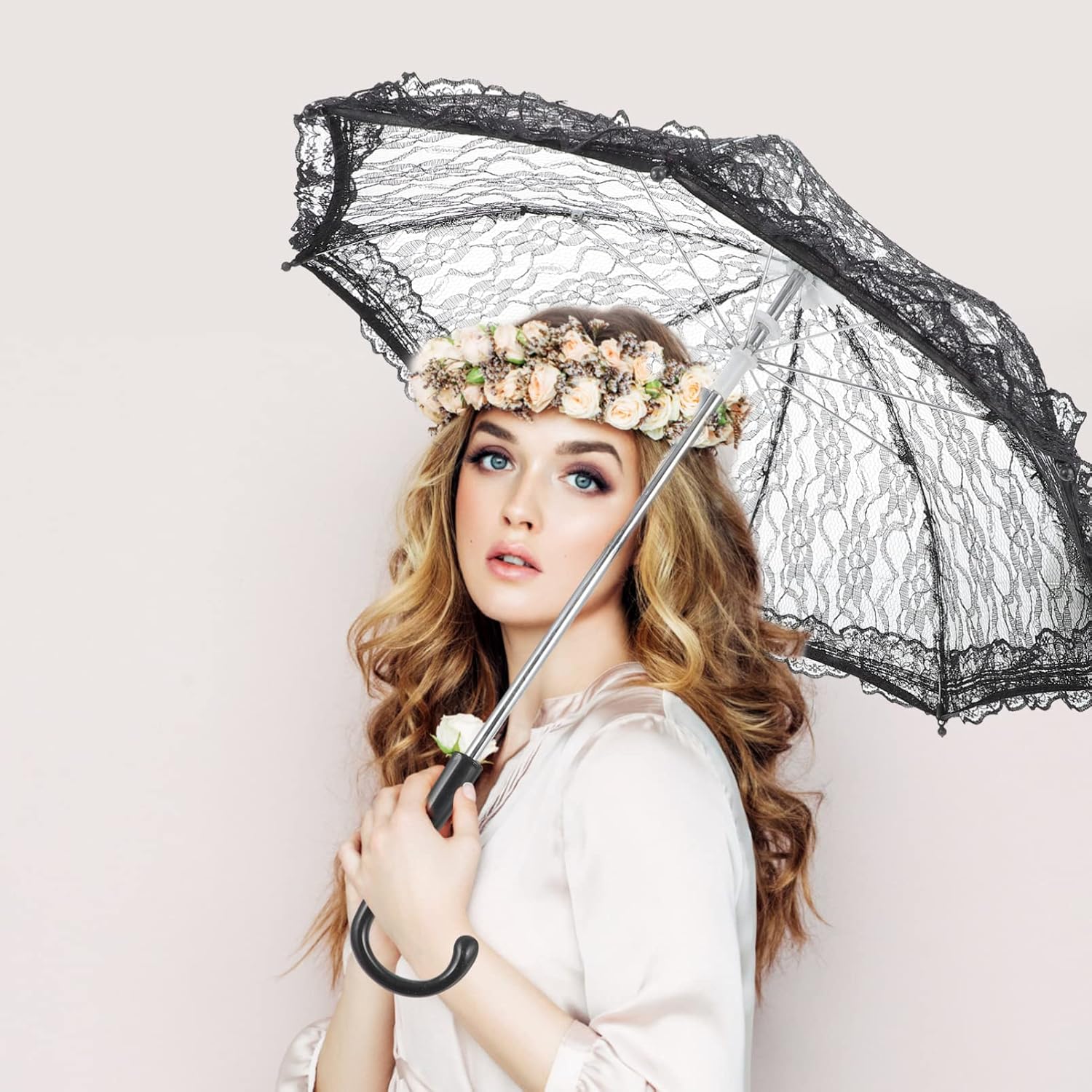 Toyvian Lace Parasol Umbrella Vintage Wedding Bridal Umbrella for Photo Props Wedding DecorationBlack